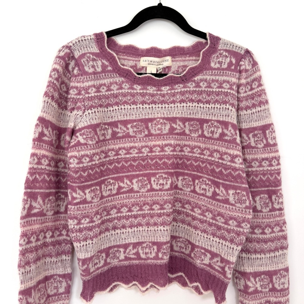 Saltwater Luxe Scallop Sweater Large NWT Pink Fair Isle Wool Blend Cropped Boho